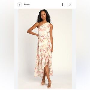 Lulu's One-Shoulder Floral High Low Dress in Cream and Pink Size Medium